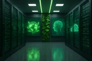 Data center moderno com tecnologia sustentável e visualização de IA para hospedagem na Web 2025