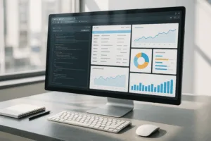 SEO-optimoitu työasema, jossa on suuri näyttö ja kojelauta-analyysi.
