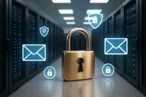 Immagine fotorealistica di un centro dati con icone di sicurezza per le e-mail e una serratura centrale.
