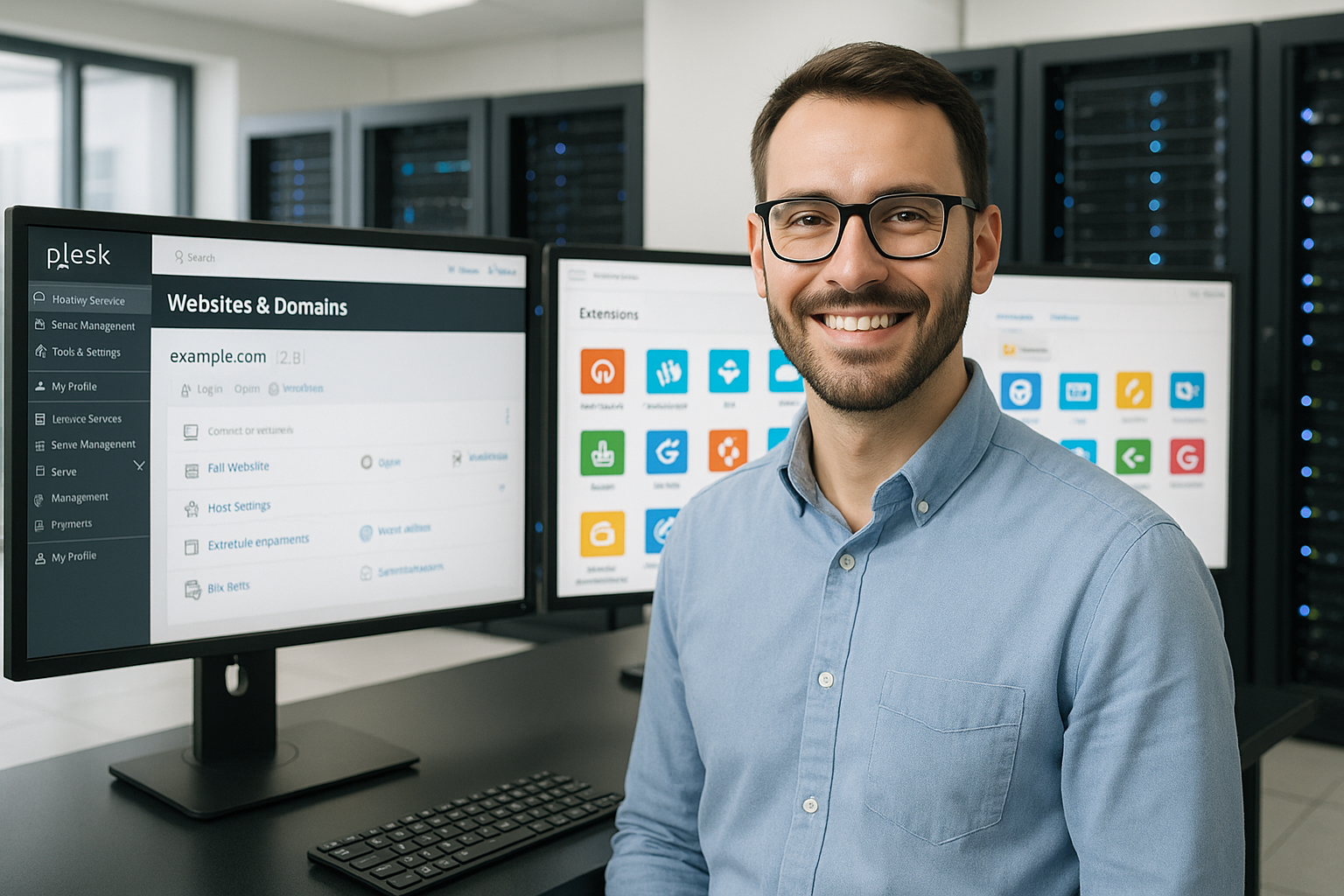 Sala server con interfaccia Plesk e icone di estensione
