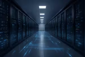 データセンターの近代的なサーバーラック、光の反射、高性能とウェブホスティングの最適化の表示