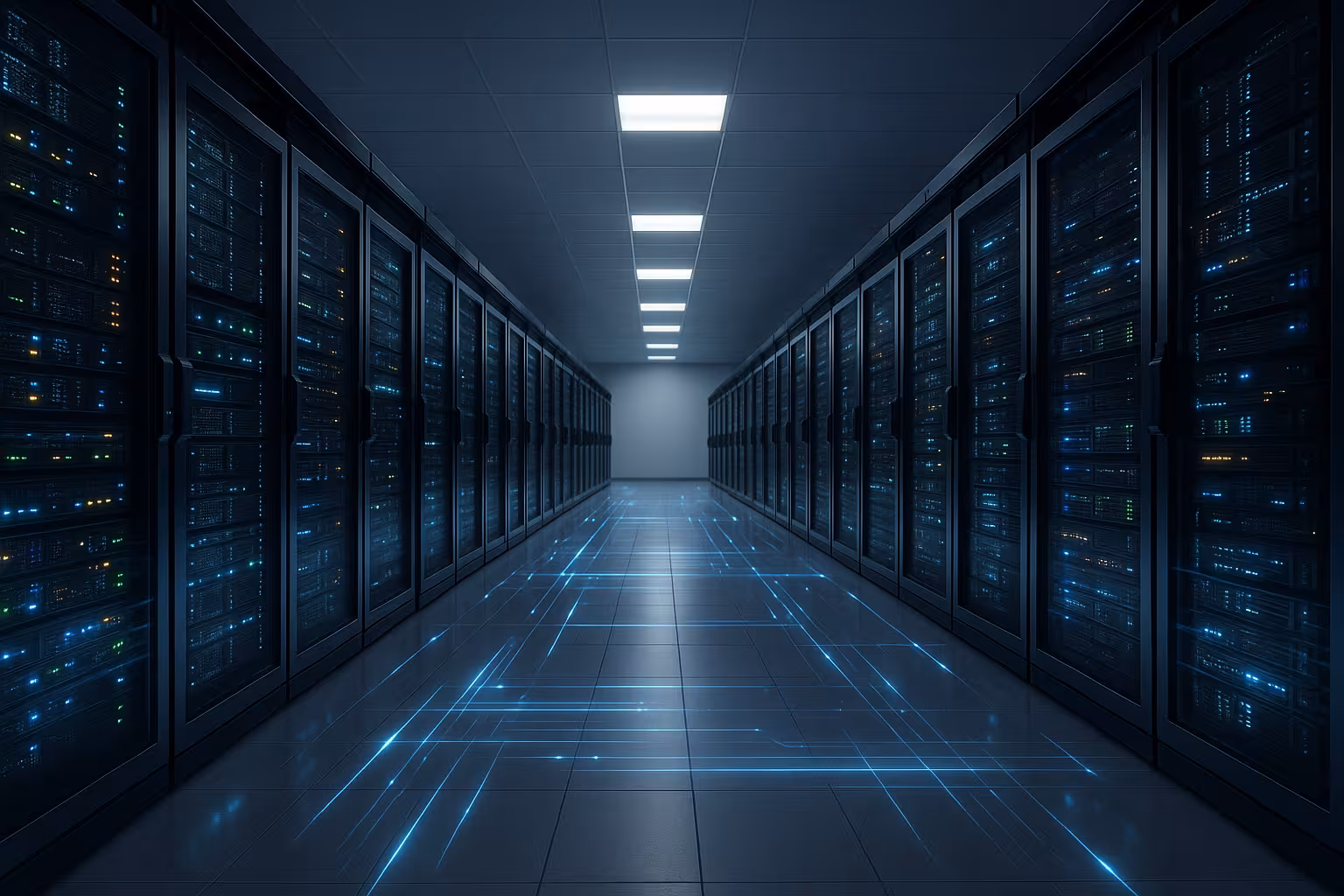 Moderno rack di server in un centro dati, riflessi di luce, visualizzazione di prestazioni elevate e ottimizzazione del web hosting