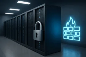 Representação fotorrealista de uma sala de servidores segura com servidores trancados e firewall digital como um símbolo da segurança do Plesk