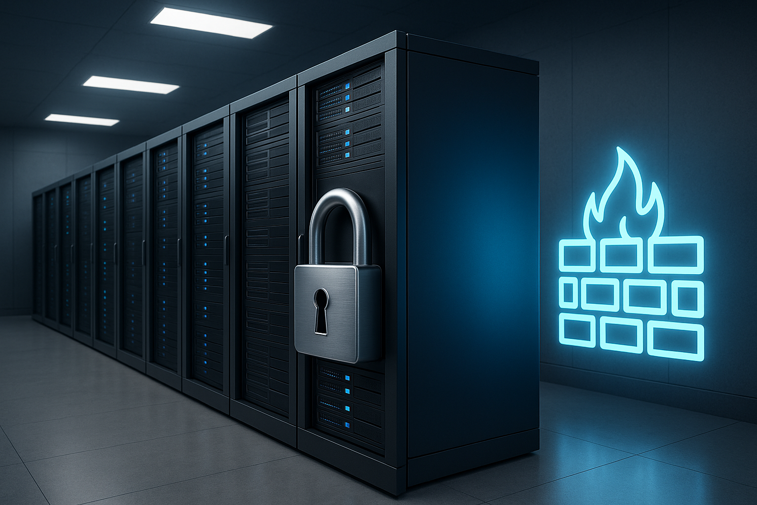 Rappresentazione fotorealistica di una sala server sicura con server chiusi a chiave e firewall digitale come simbolo della sicurezza di Plesk.