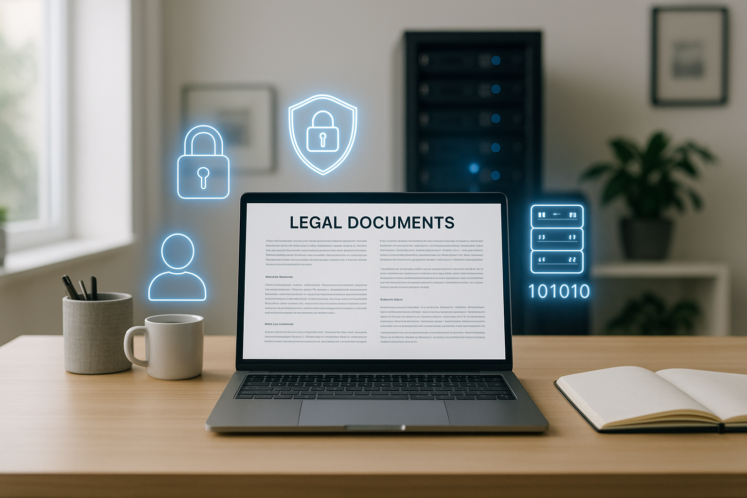 Moderne arbejdsmiljø med laptop og juridiske dokumenter til online-forretning