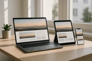 Modern devices show a responsive website on different screens