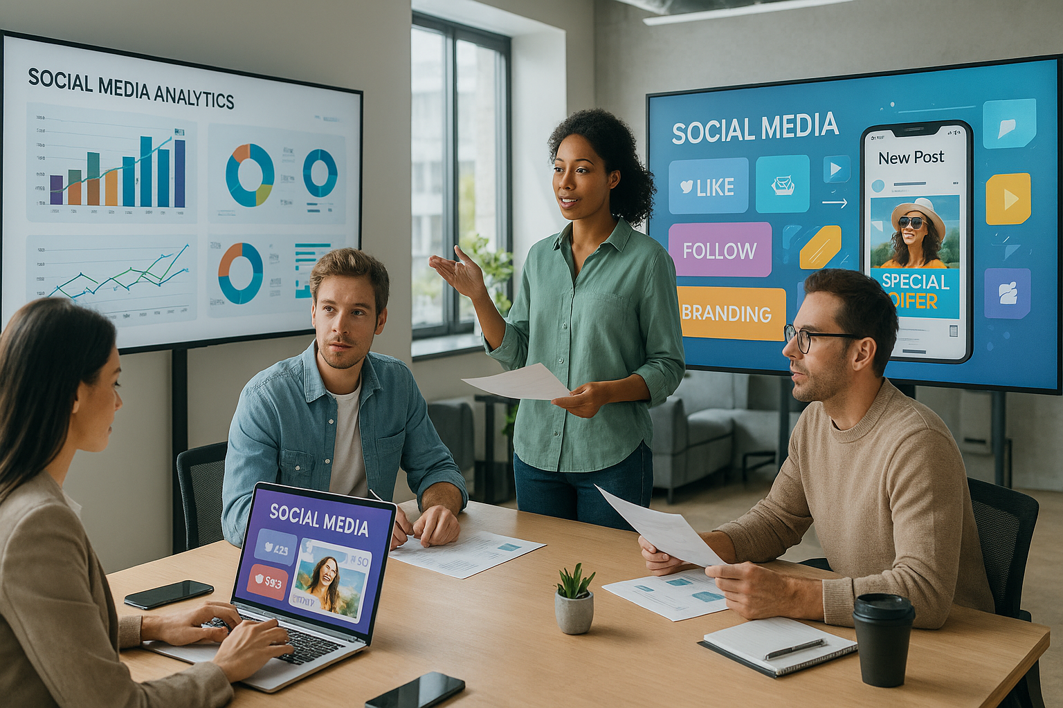 Team arbeitet an kreativer Social Media Marketing Strategie im modernen Büro