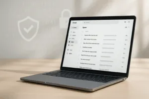 Laptop con programma di posta elettronica aperto e filtro antispam attivato su una scrivania