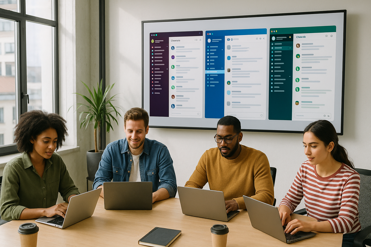 A equipe trabalha com aplicativos de comunicação em equipe em um escritório moderno