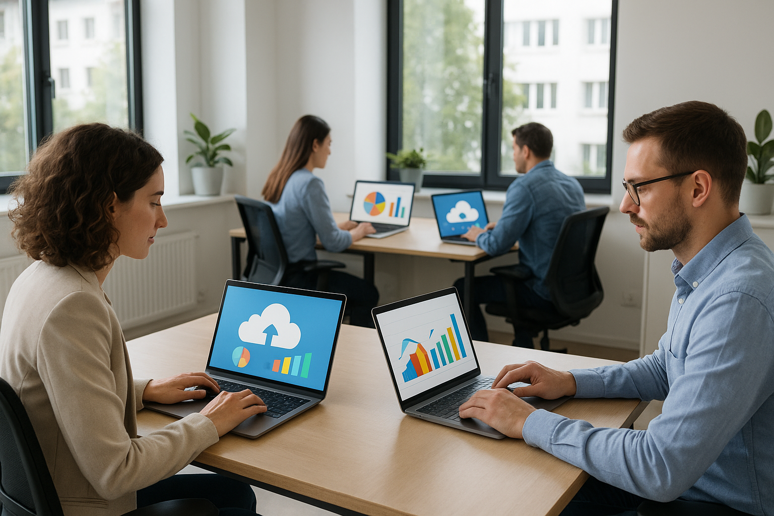 Ufficio moderno con computer portatili, software di gestione e diagrammi digitali