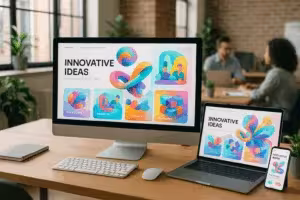 Модерен офис за уеб дизайн с иновативни 3D елементи и AI илюстрации