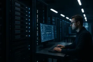 Moderno data center de hospedagem na Web com profissionais de TI trabalhando