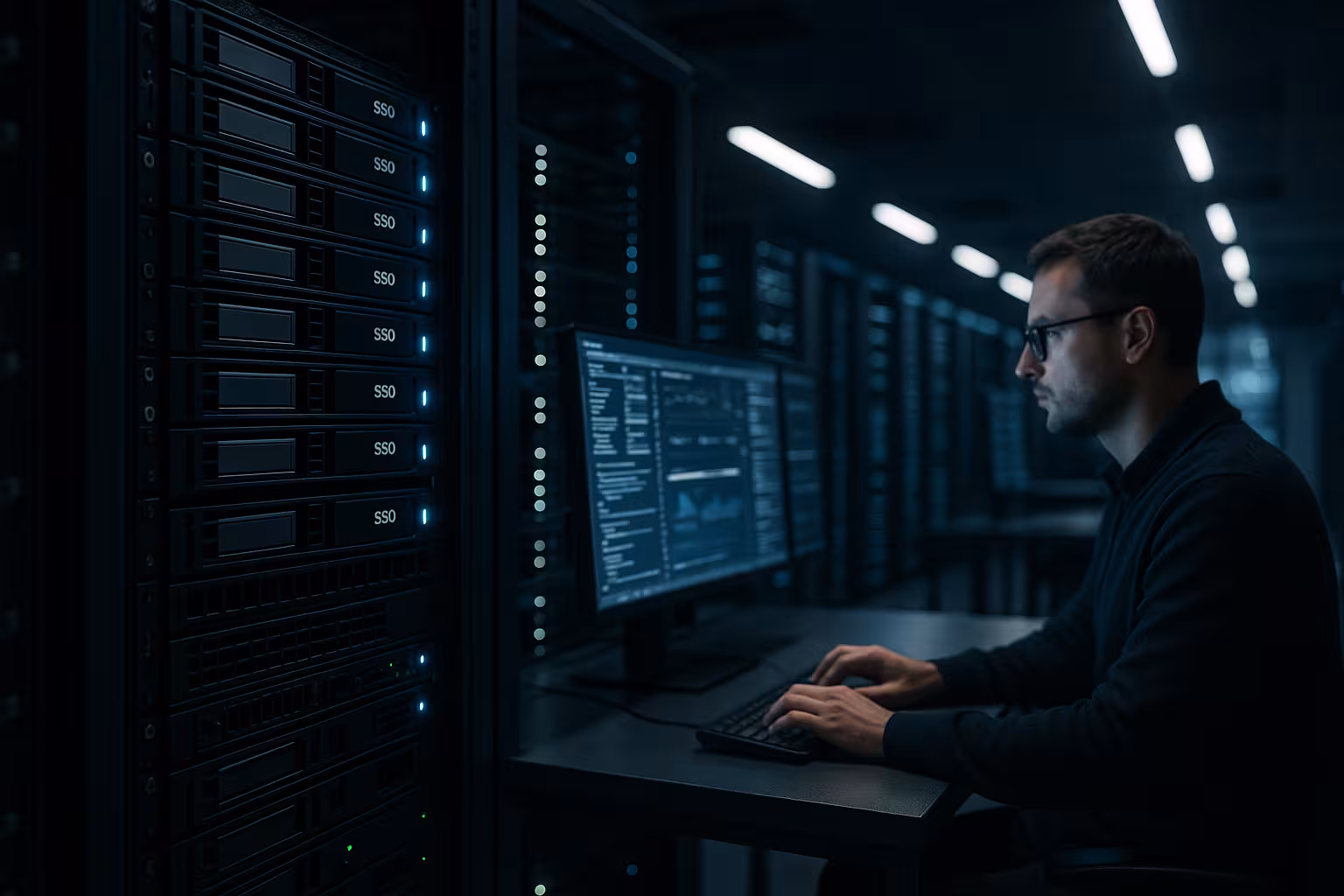 Nykyaikainen web-hosting-tietokeskus, jossa IT-ammattilaiset ovat töissä