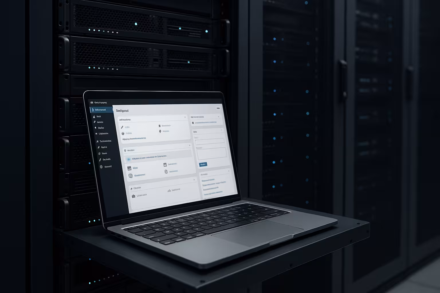 Sala server con laptop, con il dashboard di Plesk e WordPress aperto su di esso