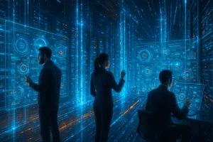 Representação futurista de inteligência artificial na Internet com fluxos de dados e servidores modernos