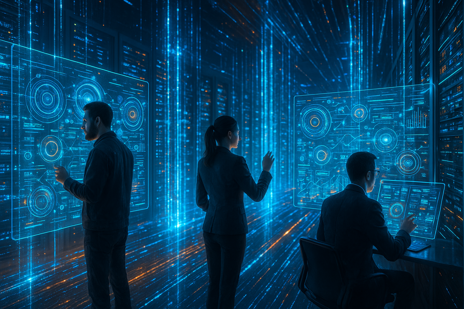 Futuristische Darstellung von Künstlicher Intelligenz im Internet mit Datenströmen und modernen Servern