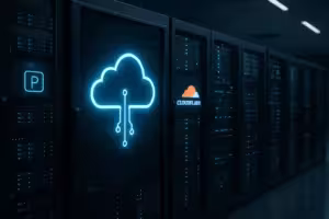 最新のウェブホスティング用ラックとデジタルCloudflareおよびPleskブランドを備えたサーバールーム