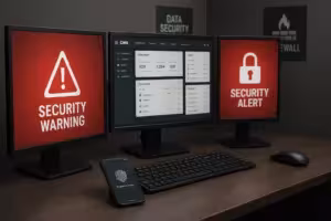 Immagine fotorealistica di un ambiente CMS sicuro con icone di sicurezza e firewall