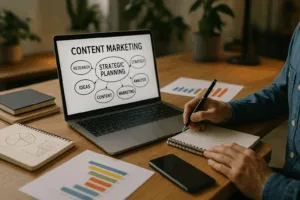 Strategische Content-Marketing-Planung am Laptop im modernen Büro