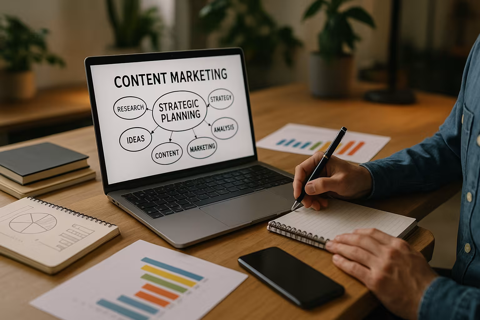 Strategische Content-Marketing-Planung am Laptop im modernen Büro