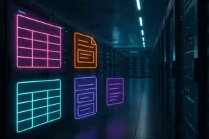 SQLおよびNoSQLデータベース用のグラフィカルな要素を備えた最新のデータセンターのフォトリアリスティックな表現