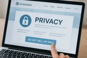 WordPressウェブサイトの「私の情報を販売しない」ボタンをクリックするユーザー、モダンなUI
