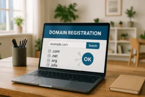 ウェブサイトのドメイン登録を示す机の上のラップトップ、モダンなホームオフィス。