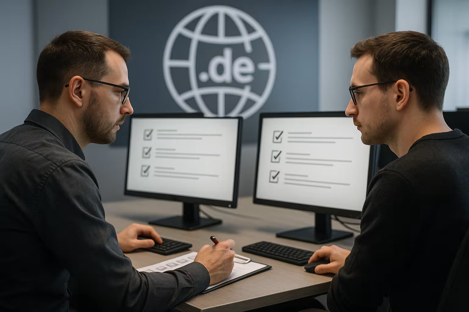 Tietotekniikan ammattilaiset tarkistavat tietokoneen näytöt ja suunnittelevat virheettömän verkkotunnuksen siirron.