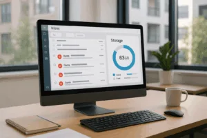 Модерно бюро с компютър показва пощенска кутия за електронна поща с дисплей с памет