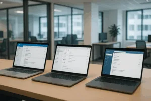 Modern arbetsplats med e-postklienter öppna på flera bärbara datorer