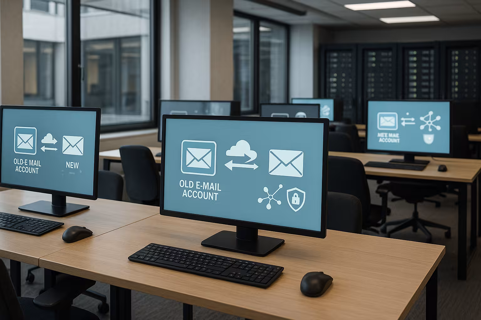 Migrazione del server e-mail in un ufficio moderno con trasferimento di dati.