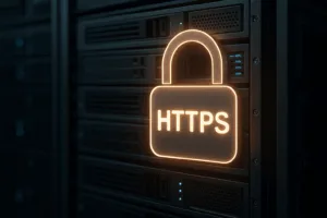 Fotorealistyczna reprezentacja bezpiecznego serwera z symbolem HTTPS