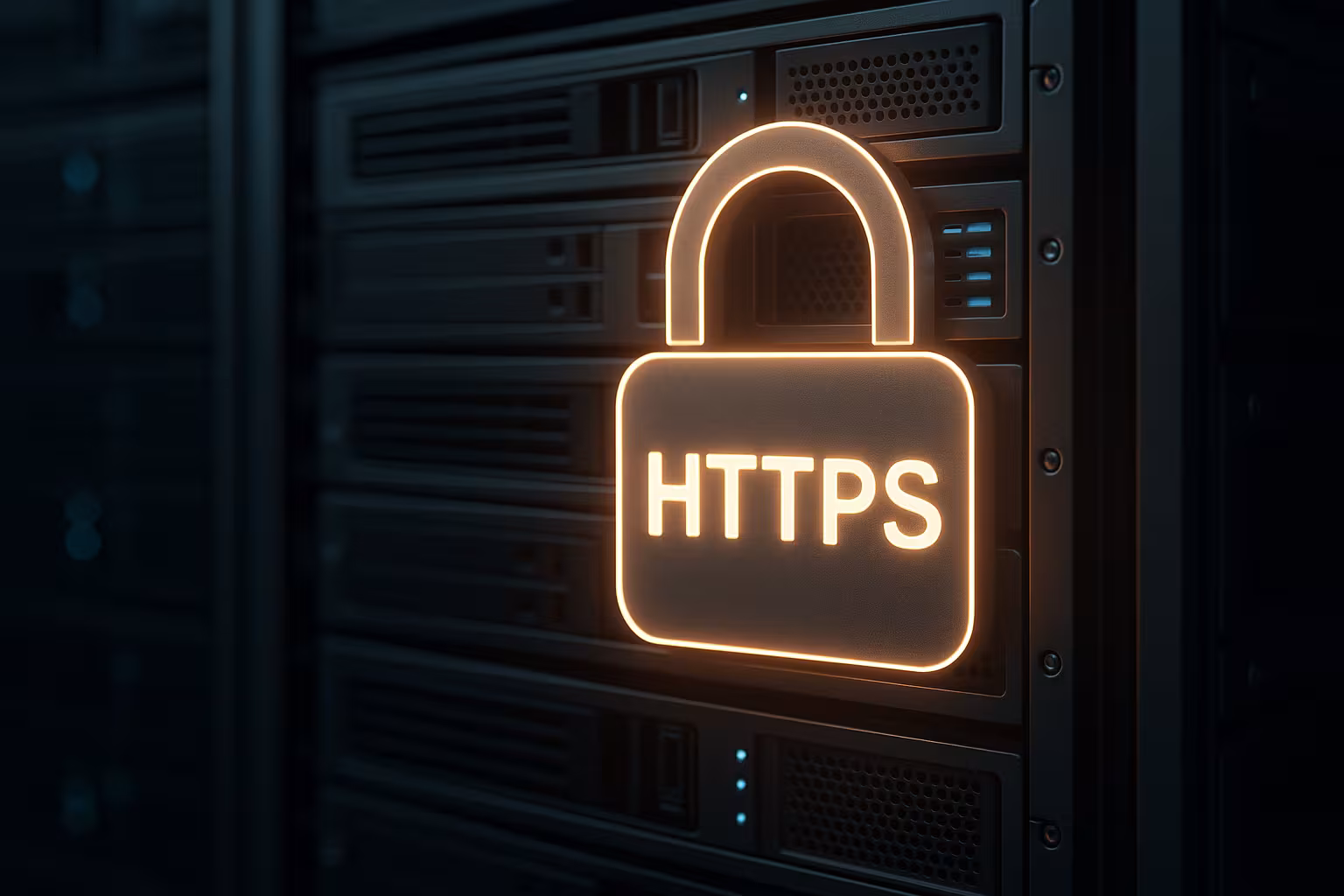 Representación fotorrealista de un servidor seguro con el símbolo HTTPS