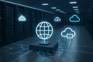 グローバルネットワーク接続とエッジサーバーを備えたデータセンターの未来型ハイブリッドクラウドインフラストラクチャ