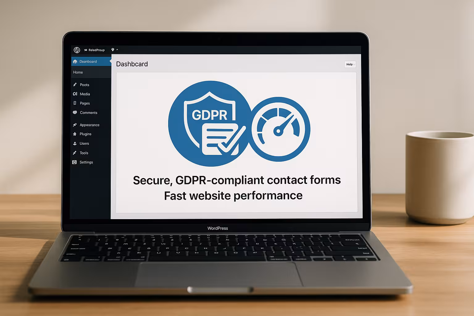 Editor profesionist de formulare de contact pe laptop, simbol de protecție a datelor lângă monitor