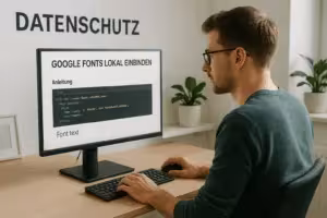 O desenvolvedor do site integra o Google Fonts localmente no PC, escritório moderno
