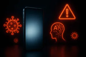 Фотореалистичен смартфон в центъра, заобиколен от символи на цифрови заплахи и икони за киберсигурност