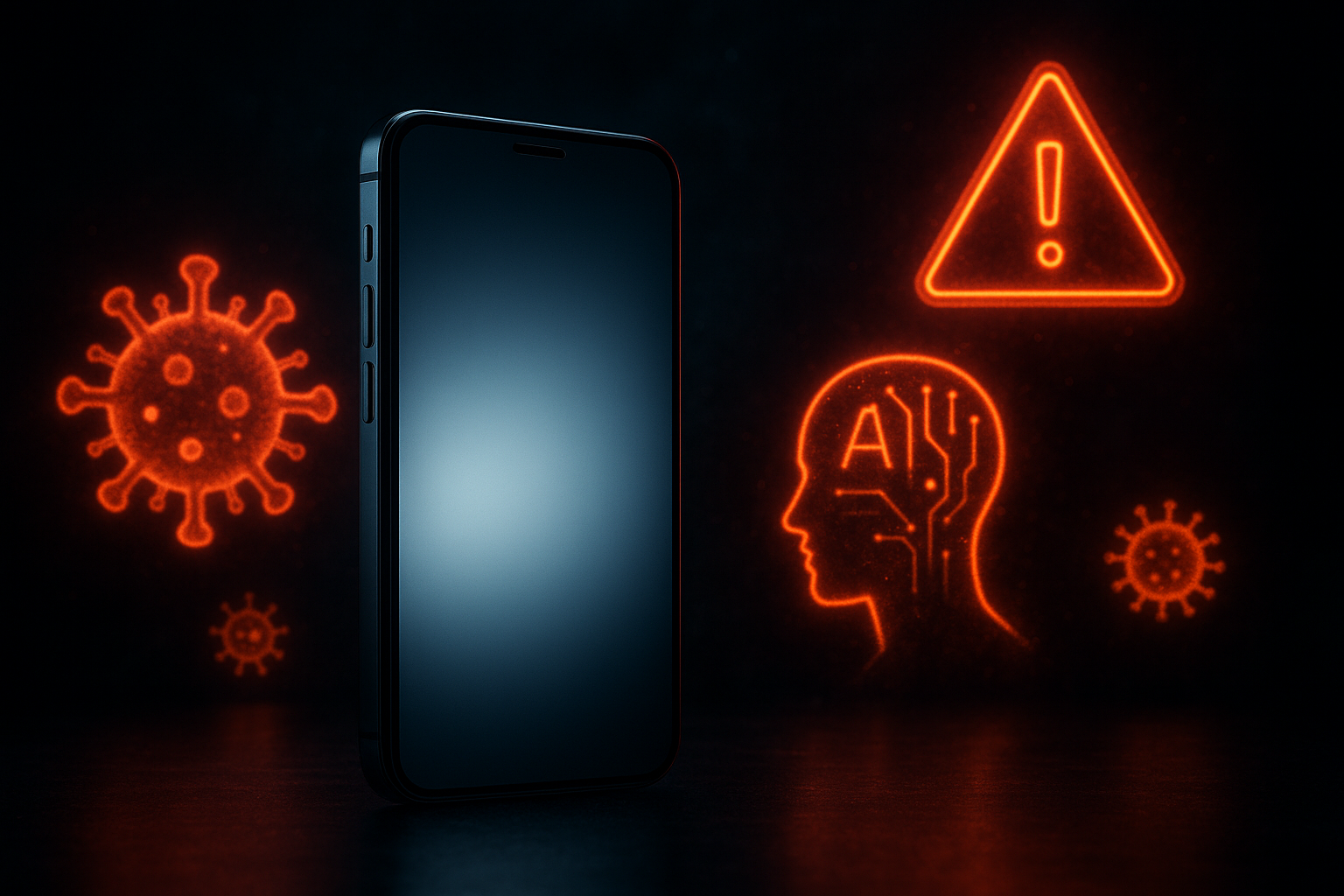 Smartphone fotorealist în centru, înconjurat de simboluri de amenințare digitală și pictograme de securitate cibernetică