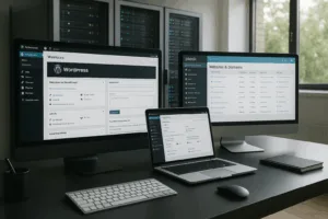 Workstation with open WordPress multisite dashboard and Plesk panel