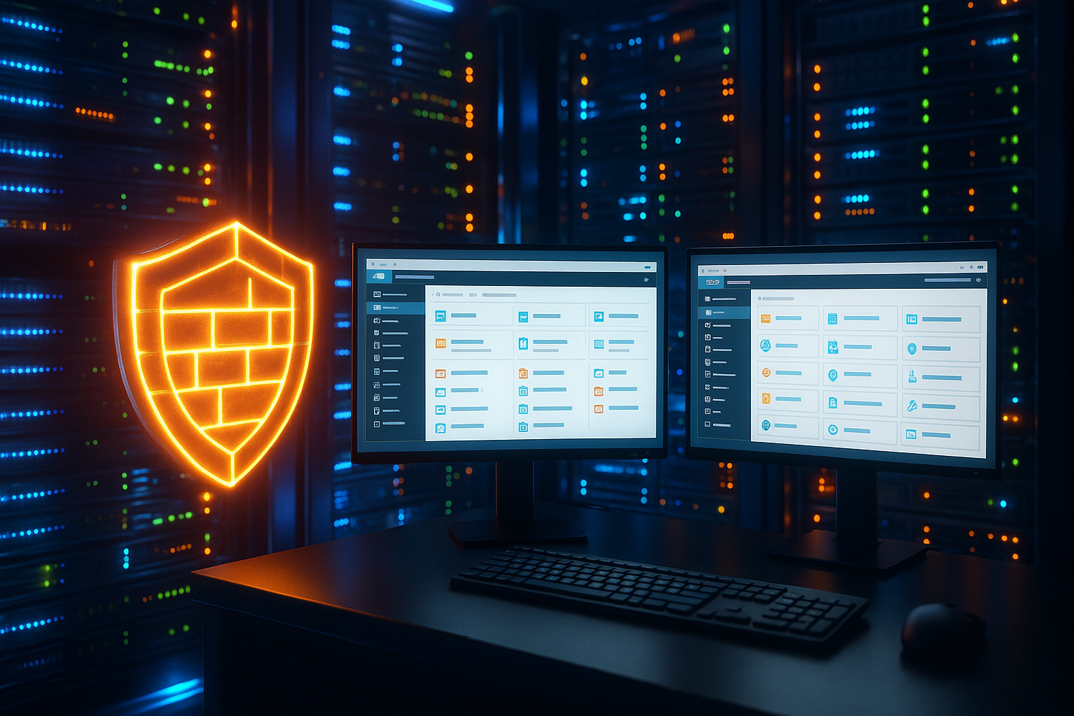 Sala server con concetto di firewall e interfaccia Plesk sul monitor