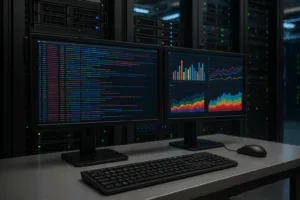 Serverrack med skærme til loganalyse og statistik i et datacenter