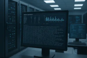 Camera serverului cu terminal Linux deschis și evaluarea jurnalului Postfix