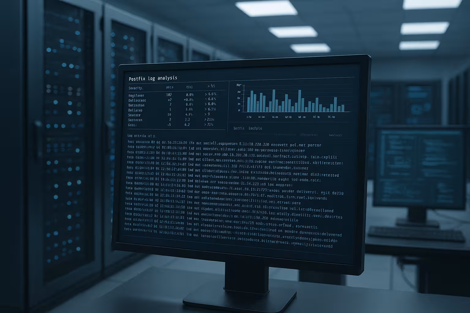 Sala server con terminale Linux aperto e valutazione dei log di Postfix