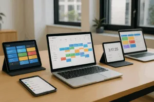 Digital workplace with open productivity apps on laptop and tablet