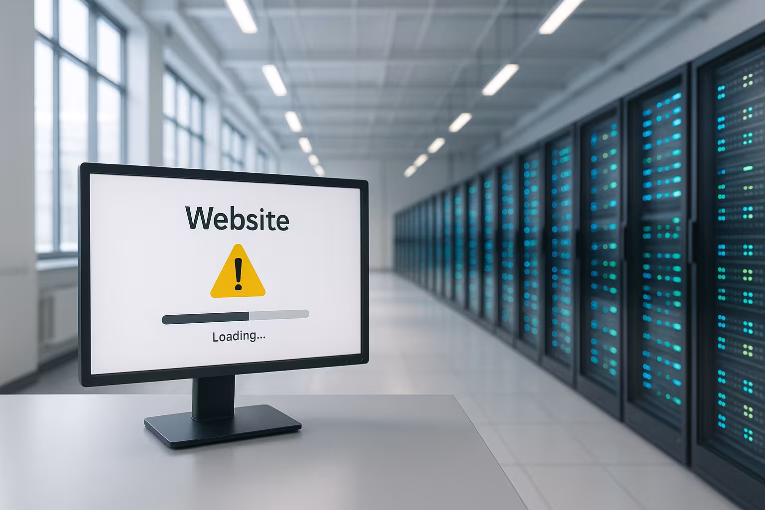 Fotorealistinen palvelinmaisema, jossa on verkkosivusto ja varoitussymboli datakeskuksessa.
