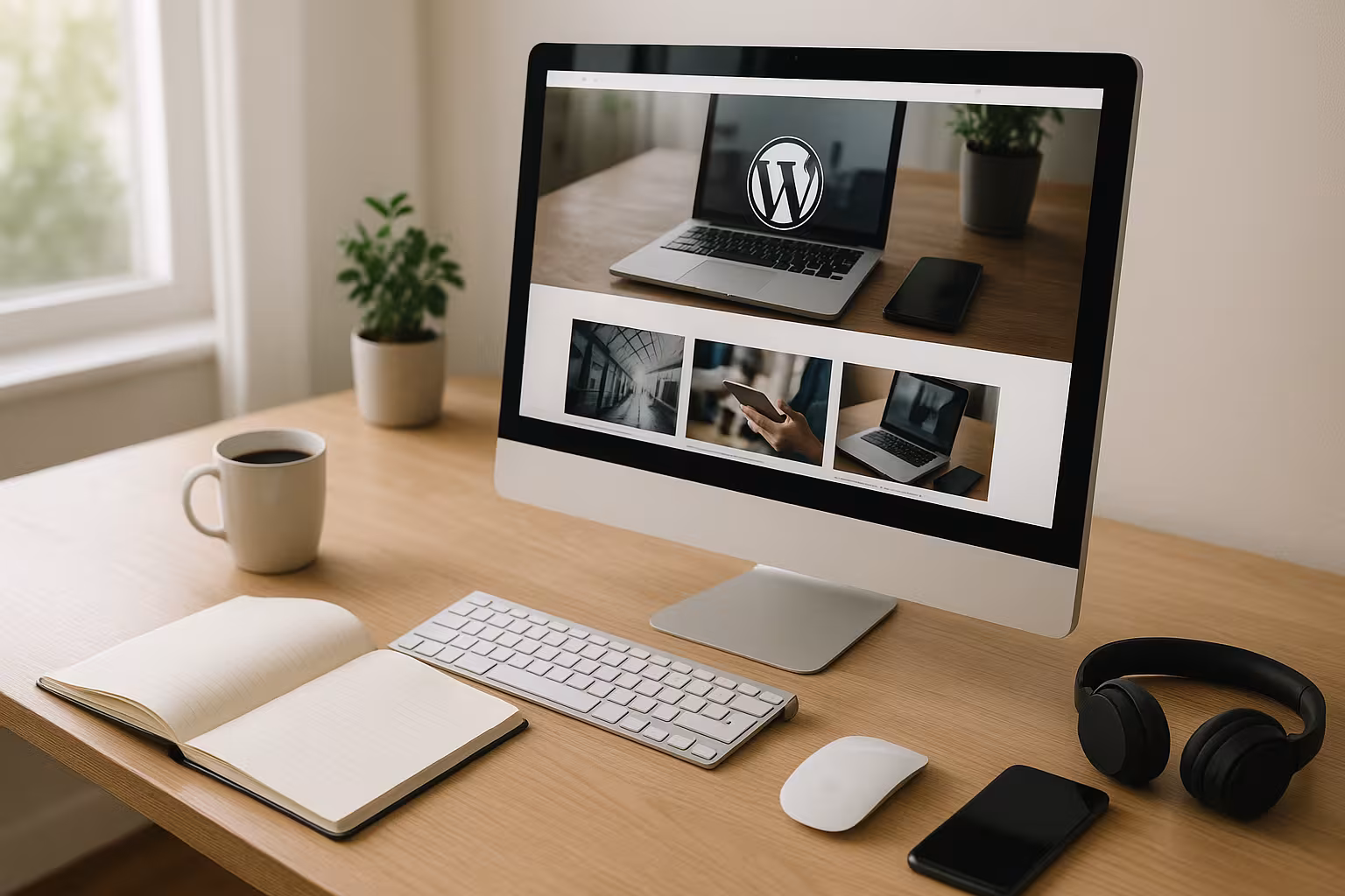 Birou modern acasă cu un site WordPress pe monitor, mediu prietenos