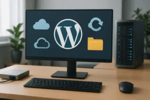 Soluções de cópia de segurança do WordPress: Estação de trabalho do computador com ícones de cópia de segurança e nuvem