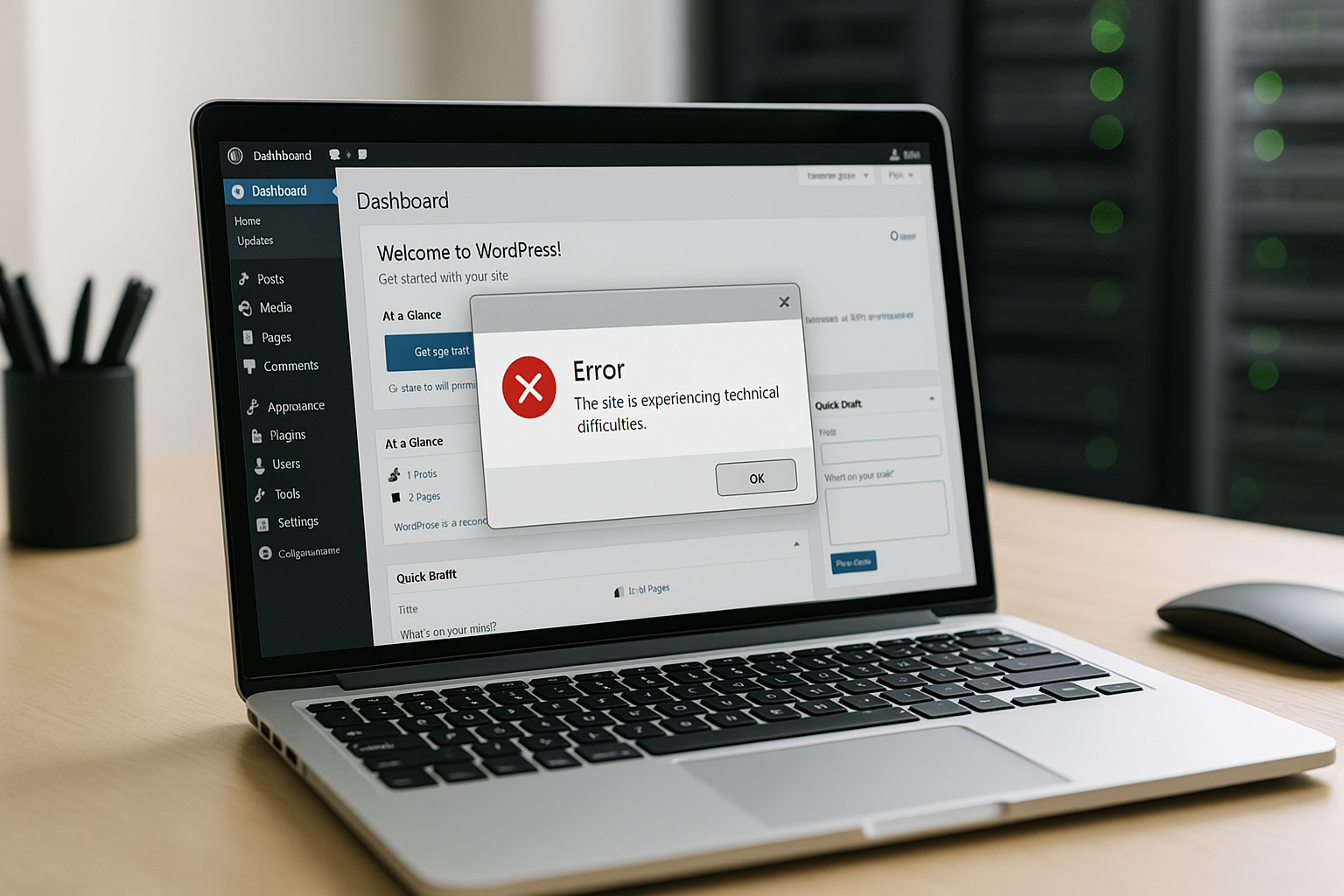 Mensaje de error de WordPress en un portátil con estación de trabajo digital