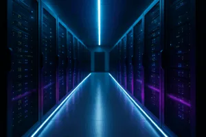 Fotorealistisches Bild eines modernen Rechenzentrums mit Servern für WordPress-Hosting