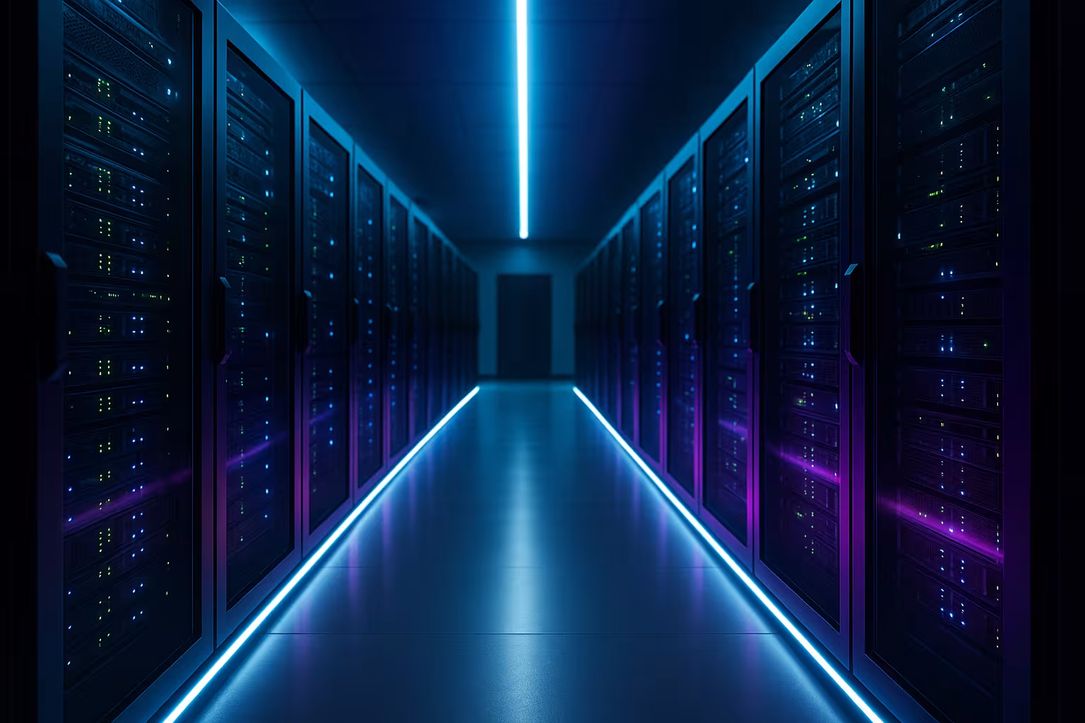 Fotorealistinen kuva nykyaikaisesta datakeskuksesta, jossa on palvelimia WordPress-hostingille.